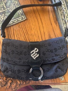 Rocawear Black Monogram Shoulder Bag with Rhinestone Emblem VGUC